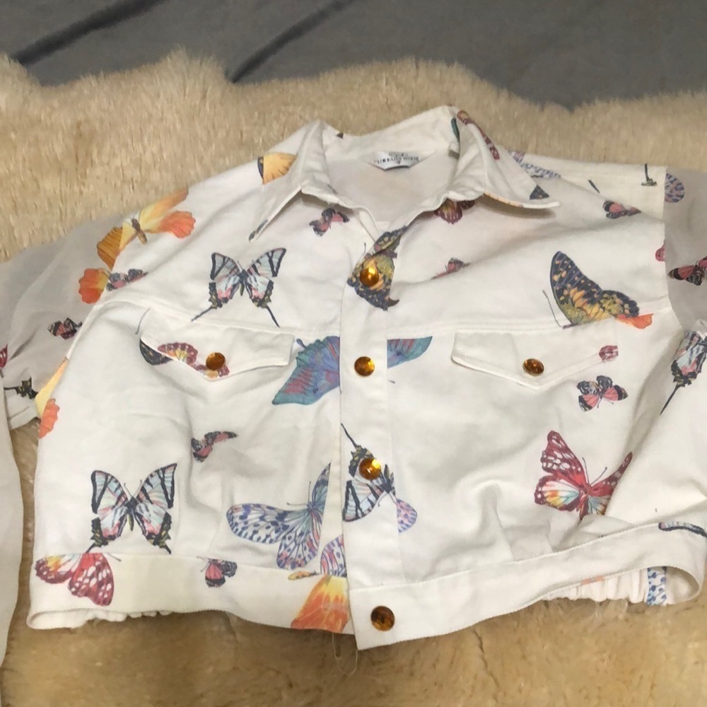 Denim white butterfly crop jacket with sheer sleeves size L